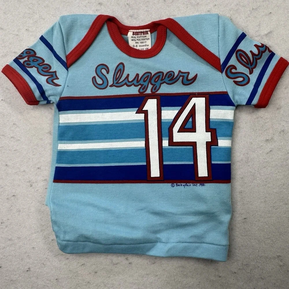 Vintage 1981 Babyfair Baby T Shirt Little Slugger Baseball Star Infant 0-6 Month